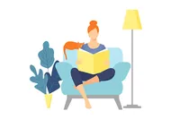 An illustration shows a woman reading a book as she sits in a lounge chair beside a lamp and potted plant. 