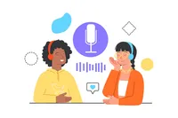 An illustration shows two people wearing headphones as they chat. Graphics representing a microphone, soundwaves, and social media sharing appear around their heads. 