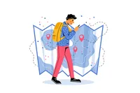 An illustration shows a backpacker looking at a phone with a large map in the background. 