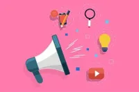 A free cartoon photo with a pink background and a megaphone with other social media related icons 