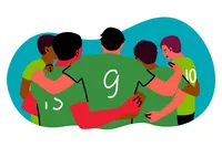 An illustration shows four characters wearing jersey t-shirts in a huddle, arms around one another. 