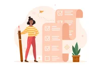 An illustration shows a person holding a large pencil as they check items off an oversized paper checklist 