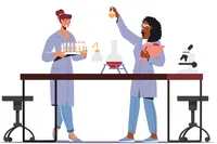 An illustration shows two female scientists in a lab, holding beakers and wearing lab coats. 