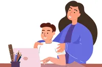 An illustration shows a mother resting her hands supportively on her teenager's shoulders as they work on a computer at their desk 