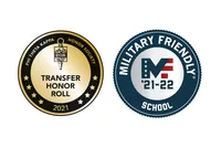 Badges are displayed for Phi Theta Kappa Honor Society’s 2021 Transfer Honor Roll and the 2021-2022 Military Friendly School designation from G.I. Jobs magazine 