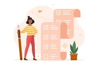 An illustration shows a person holding a large pencil as they check items off an oversized paper checklist