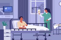 An illustration shows a nurse in scrubs hanging an IV beside a patient's hospital bed.