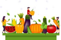 A colorful illustration shows three human figures interacting with a variety of oversized vegetables and produce.