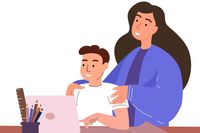 An illustration shows a mother resting her hands supportively on her teenager's shoulders as they work on a computer at their desk