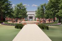 A rendering of the planned new fountain shows a campus mall leading up to the library, with words to the alma matter wrapping around the low brick wall surrounding the fountain pool.