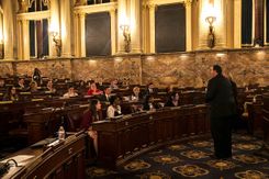 State Rep. Seth Grove talks with York College political science and public relations students in 2014