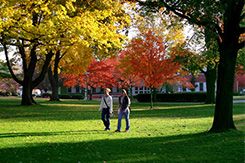 Two students walk across the campus lawn in the fall.