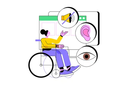 An illustration shows a person in a wheelchair, surrounded by symbols illustrating other disabilities (an eye, an ear, a speaker, a browser window) 