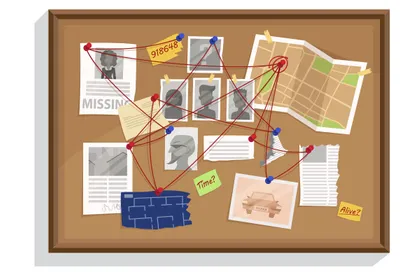 An illustration shows a cork board pinned with photos and scraps of evidence, connected by red thread. 