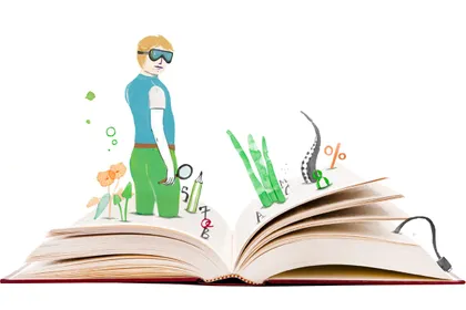An illustration shows a person in diving gear popping out of an open book, along with ocean life. 
