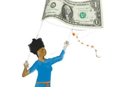 An illustration of a person flying a kite made of a dollar bill 