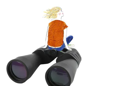 An illustration of a person flying on a pair of binoculars, as if they were a magic carpet. 