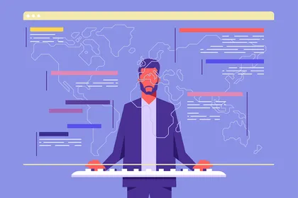 An illustration shows a man standing at a keyboard, viewing a screen covered with maps, graphs, and charts. 
