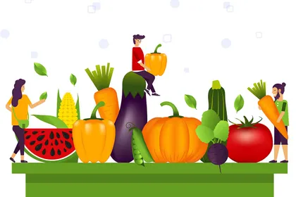 A colorful illustration shows three human figures interacting with a variety of oversized vegetables and produce. 
