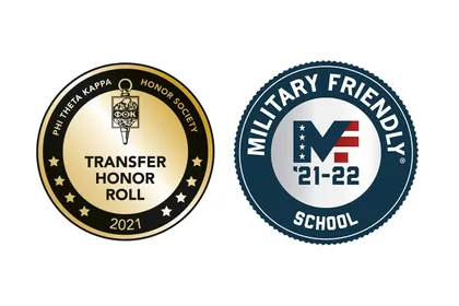 Badges are displayed for Phi Theta Kappa Honor Society’s 2021 Transfer Honor Roll and the 2021-2022 Military Friendly School designation from G.I. Jobs magazine 