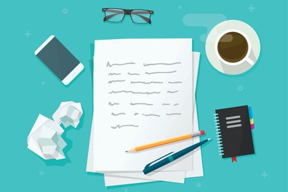 Illustration that includes pen and paper with coffee