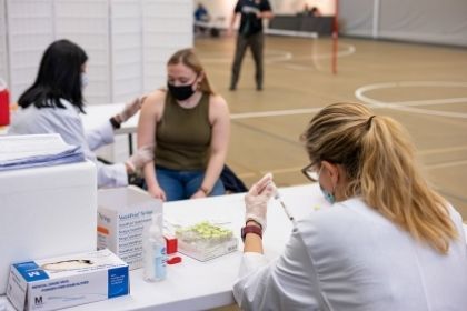 A YCP student receiving her vaccine from York College's on-campus vaccination clinic.