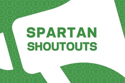 A white megaphone over a green York College logo pattern serves as the background; text reads Spartan Shoutouts