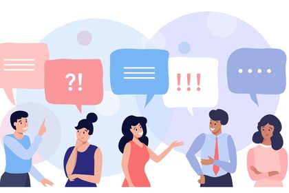 An illustration shows five people with speech bubbles over their heads, filled with various punctuation and lines indicating dialogue.
