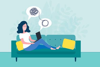 An illustration shows a young woman on a laptop from her home couch; thought bubbles show a tumble of scrambled ideas turning into organized thoughts as she talks through them with a virtual counselor