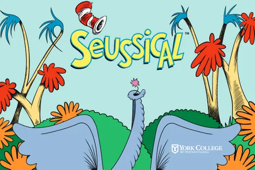 The word Seussical appears over a Dr. Seuss illustration showing colorful trees, the trunk and ears of an elephant, a small flower in the trunk, and a striped Cat in the Hat hat flying through the air.
