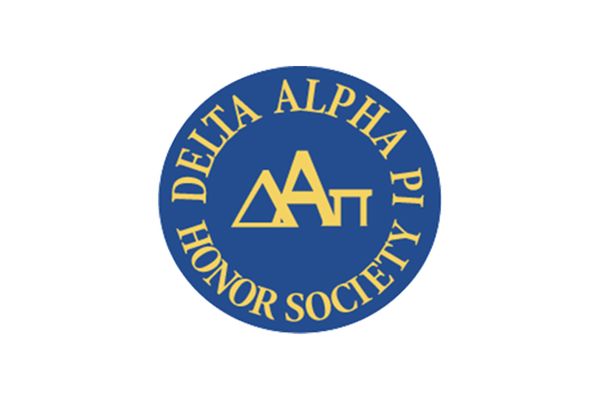 The Delta Alpha Pi Honor Society logo shows the Greek letters intertwined in gold font on a field of navy blue.